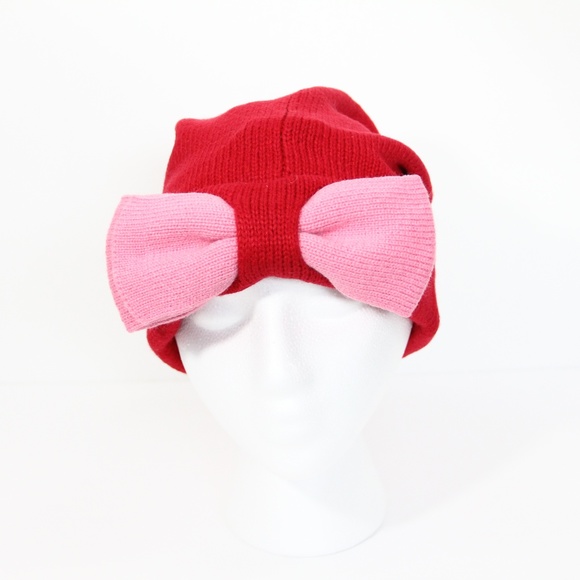 Kate Spade Bow Beanie New Women Winter Hat Red Knit pink warm - Picture 6 of 8